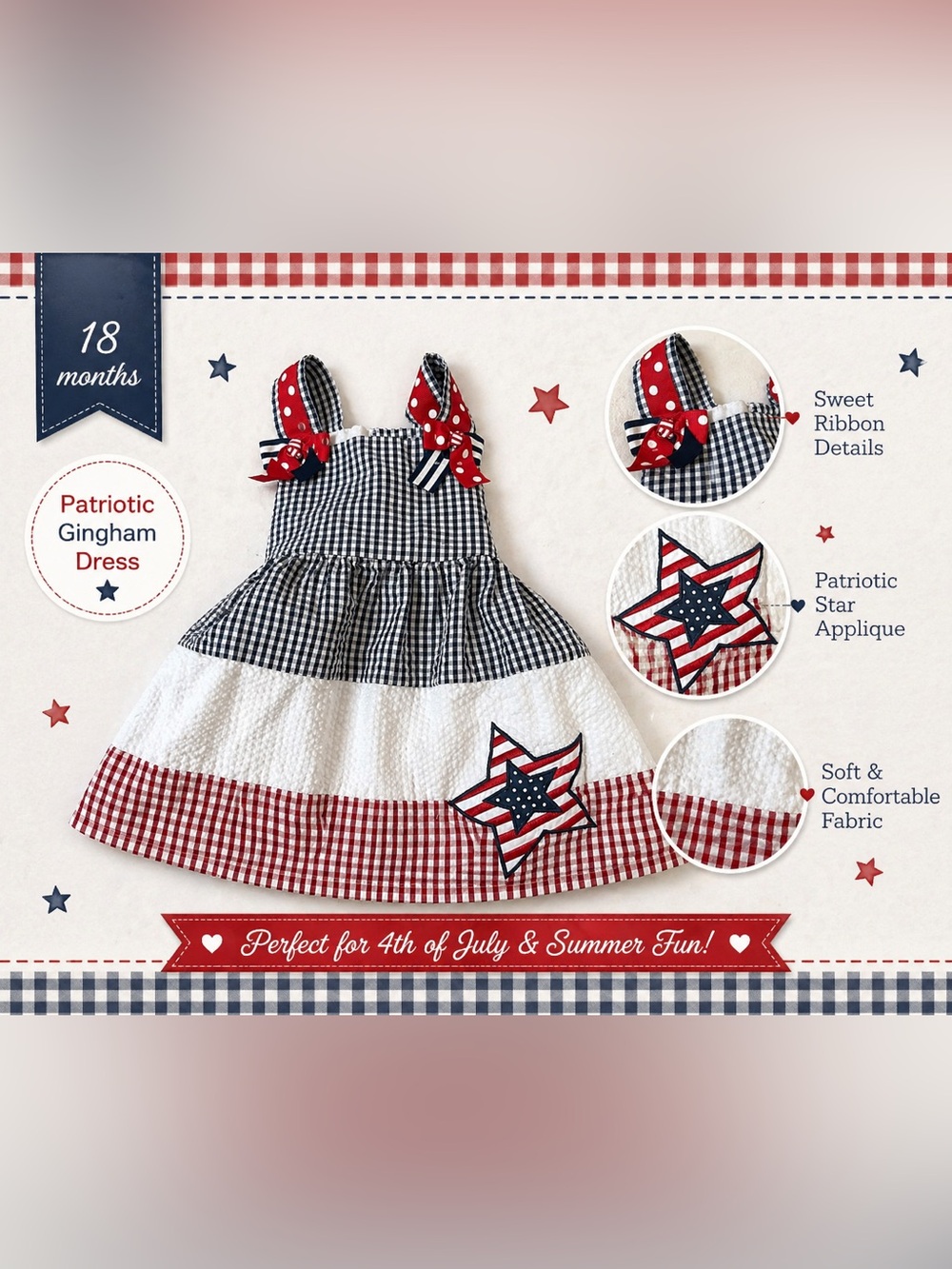 Counting Daisies Patriotic Dress Girls 18 months red, white and blue Gingham 4th